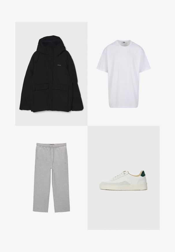 Pufjakke i sort, med hætte, frontknapper, to store lommer og et logo på brystet. Glat tekstur med et minimalistisk design.; Hvid bomulds t-shirt med korte ærmer, rund halsudskæring, afslappet pasform, og ingen synlige logoer eller mønstre. Glat tekstur og minimalistisk design.; Grå bomulds-loungebukser med elastisk talje, snor og to sidelommer; lige ben-design, blød tekstur, uden mønstre.; Hvide sneakers med ruskindsdetaljer, rund tå, flade snørebånd og en cremet gummisål. Har grøn branding på hælen.