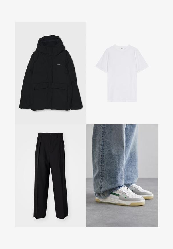 Puffer jacket in black, featuring a hood, front buttons, two large pockets, and a logo on the chest. Smooth texture with a minimal design.; White t-shirt, short sleeves, crew neck, made of cotton, features a smooth texture, straight hem, and minimal design with no patterns.; Black pleated trousers with a straight, wide-leg design. Made from smooth fabric, featuring a button closure and belt loops.; White and gray sneakers with green accents, featuring a mesh upper and rubber sole, paired with blue denim jeans with frayed hems.