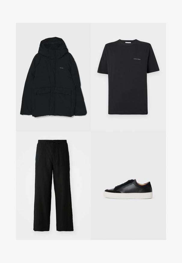 Doudoune noire avec capuche, boutons à l'avant, deux grandes poches et un logo sur la poitrine. Texture lisse au design minimal.; T-shirt en coton noir avec un col rond, des manches courtes et un petit logo blanc "TIGER OF SWEDEN" sur la poitrine. Coupe classique.; Pantalon large noir en tissu léger, avec une taille élastique dotée d'un cordon de serrage et sans poches visibles ni motifs.; Sneakers en cuir noir avec des accents en daim, bout rond, semelle plate en caoutchouc blanc, et textures contrastées sur le corps et les lacets.