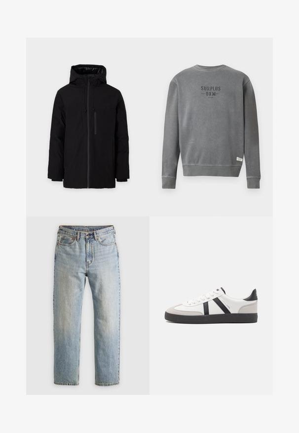 Chaqueta impermeable negra con capucha, que presenta dos grandes bolsillos frontales y un bolsillo en el pecho con cremallera. Exterior suave con cordones ajustables.; Sudadera gris de manga larga con cuello redondo, con el texto "SURPLUS DNM" impreso en negro en el pecho y una pequeña etiqueta blanca cerca del dobladillo.; Pulóver marrón de punto con cuello polo, tres botones en el cuello y mangas largas. Textura suave, puños y dobladillo acanalados.; Jeans de mezclilla azul claro de cintura alta, con botón frontal, cremallera y diseño de cinco bolsillos, dispuestos sobre un fondo neutro.; Zapatilla blanca con acentos en negro y gris, que presenta una puntera texturizada en gris, suela de goma negra y cordones planos blancos. Diseño limpio, estilo minimalista.