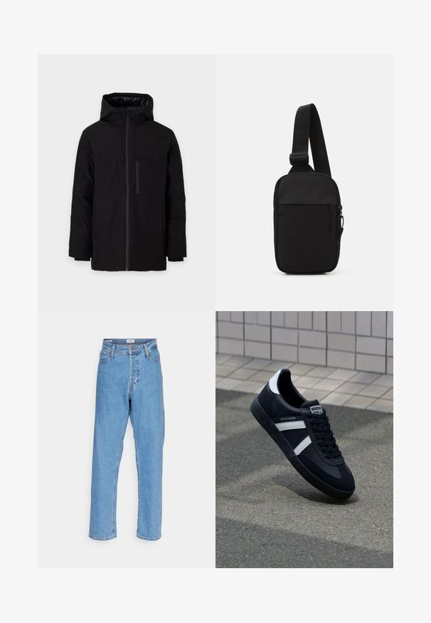 Giacca impermeabile nera con cappuccio, dotata di due grandi tasche frontali e una tasca sul petto con zip. Esterno liscio con cordini regolabili.; Pullover marrone lavorato a maglia con colletto polo, tre bottoni al collo e maniche lunghe. Texture morbida, polsini e orlo a costine.; Jeans a vita alta, dritti, di colore blu chiaro, con chiusura frontale a bottone e zip, passanti per cintura e design a cinque tasche su sfondo bianco.; Sneaker neri in pelle con strisce bianche, suola in gomma texturizzata e allacciatura frontale. Presenta un'etichetta con il marchio sulla linguetta.; Borsa a tracolla nera realizzata in tessuto resistente, con una singola tracolla regolabile, un compartimento principale con zip e una tasca frontale.