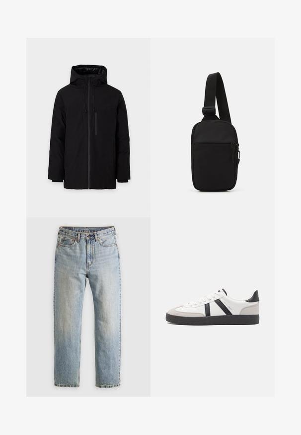 Black waterproof jacket with a hood, featuring two large front pockets and a zippered chest pocket. Smooth exterior with adjustable drawstrings.; Brown knitted pullover with a polo collar, three buttons at the neck, and long sleeves. Soft texture, ribbed cuffs, and hem.; Light blue denim jeans with high waist, front button, zipper, and five-pocket design, laid flat on a neutral background.; White sneaker with black and gray accents, featuring a textured gray toe cap, black rubber sole, and flat white laces. Clean design, minimalist style.; Black crossbody bag made of durable fabric, featuring a single adjustable strap, a zippered main compartment, and a front pocket.