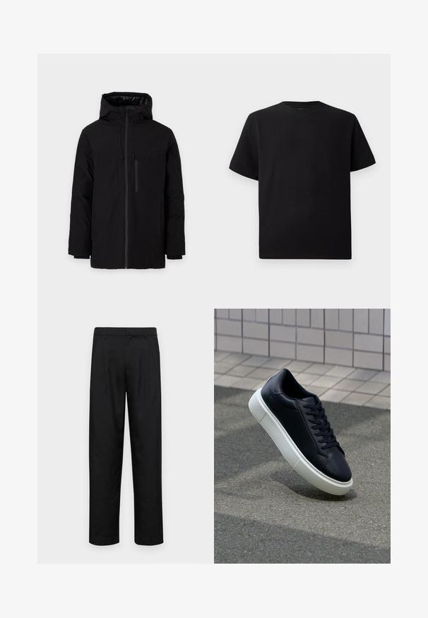 Svart vattentålig jacka med huva, utrustad med två stora framfickor och en dragkedjeförsedd bröstficka. Slät utsida med justerbara snoddar.; Svart kortärmad T-shirt gjord av texturerad tyg, med rund halsringning och avslappnad passform. Enkel, utan mönster eller detaljer.; Svarta byxor i slät väv, med rak ben-design, två framfickor och standardmidja med bälteshällor.; Svart lädersneaker med rundad tå och vit gummisula. Har platta snören och minimal sömnad på ovansidan. Texturerad sula för grepp.