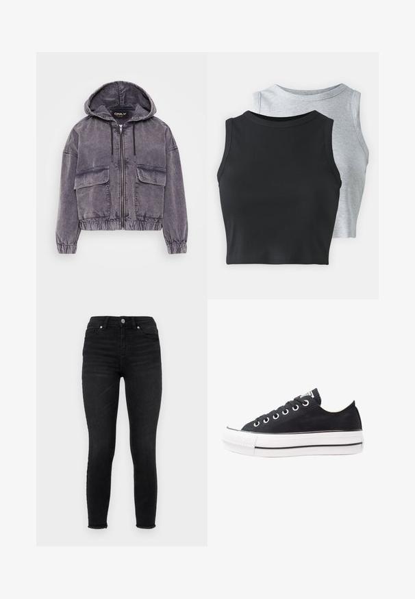Pelēks korduroja jaka ar kapuci, ar rāvējslēdzēju, divām priekšējām kabatām, elastīgām piedurknēm un maliņu. Tam ir teksturēta virsma un brīvs griezums.; Even&Odd Petite 2 PACK - Tops - light grey/black; Melni skinny džinsi no denima, ar augstu vidukli, priekšējām kabatām un saplēstu apakšmalu. Gluda tekstūra ar klasisku piecu kabatu dizainu.; Melnas kanvas kedas ar baltu gumijas zoli, apaļi purngali, zema dizaina, metāla acu caurumi un teksturēts purngals. Plāna melna svītra gar zoli.