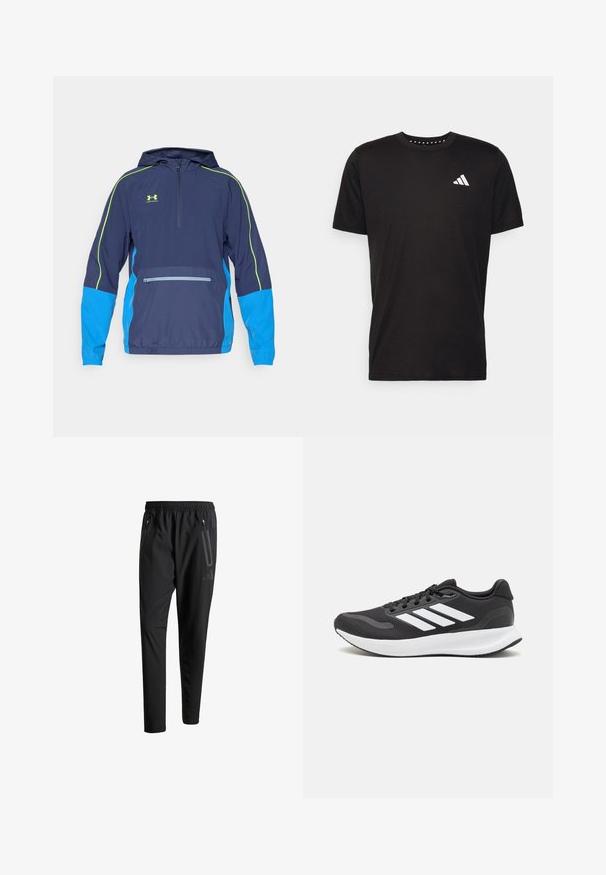 Marineblå og blå hettejakke med halv glidelås, reflekterende gule detaljer og en frontlomme med glidelås. Smoother stoff med elastiske mansjetter.; Svart bomulls t-skjorte med korte ermer, rund hals og en hvit logo på venstre bryst. Glatt tekstur og enkelt design.; Svarte treningsbukser med elastisk liv, to glidelåslommer på sidene, avsmalnende ben og en subtil logo detalj ved hoften.; Svarte sportsko med pustende mesh-overdel, hvite detaljer og en polstret såle. Har tre striper-logo på siden.