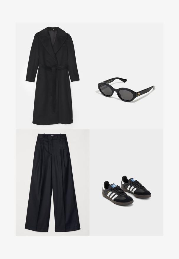 Palton negru din lână cu un design cu două rânduri de nasturi, reveri largi, mâneci lungi și o centură asortată la talie. Textură netedă, detalii minime.; Hanorac negru cu mâneci lungi, guler rotund și manșete ribbate. Prezintă o textură netedă și un detaliu subtil al logo-ului în față.; Pantaloni negri cu picioare late, confecționați dintr-un material neted, având talie înaltă, plii și un design croitorie. Accesorii simple negre la talie.; Tenisi negri cu superior din suede și sintetic, având trei dungi albe, talpă din cauciuc texturat și etichetă albastră cu logo pe limbă.; Ochelari de soare ovali negri cu lentile întunecate și ramă din plastic lucios. Prezintă un logo aurit pe bradă, oferind un design elegant și modern.