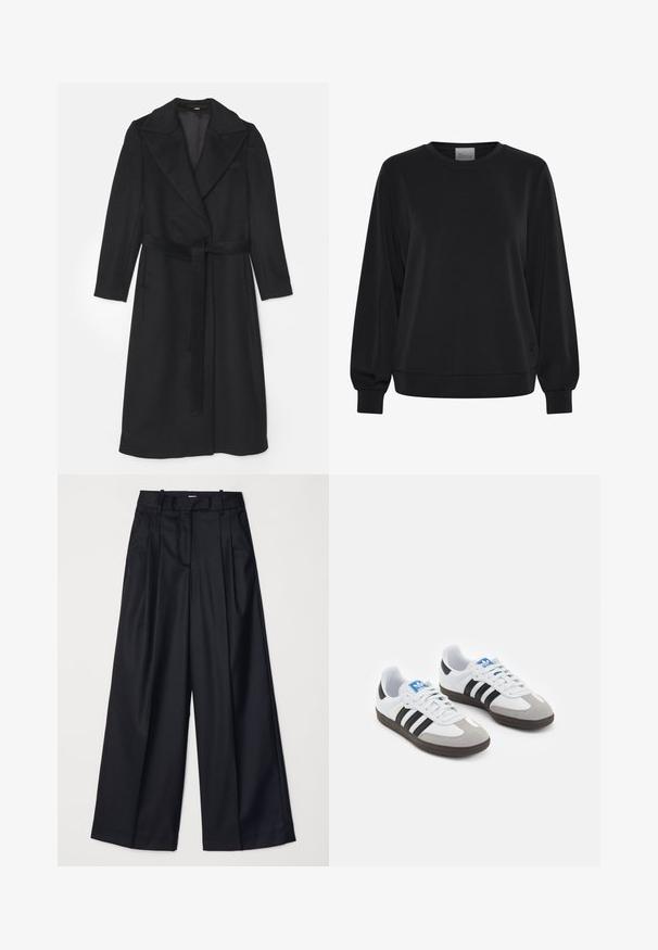 Crni vuneći kaput s dvostrukim kopčanjem, širokim reverima, dugim rukavima i odgovarajućim remenom u struku. Glatka tekstura, minimalno detaljiziranje.; Crna dukserica s dugim rukavima, okruglim izrezom i rebrastim manžetama. Ima glatku teksturu i suptilan detalj s logom sprijeda.; Crne široke hlače izrađene od glatkog materijala, s visokim strukom, nabranim detaljima i krojem po mjeri. Jednostavan crni hardver na struku.; Sportske cipele s gornjištem od bijele kože, sivi suedinasti nos i tri crne pruge. Imaju plavi logo na jeziku i teksturiranu gumenu podlogu.