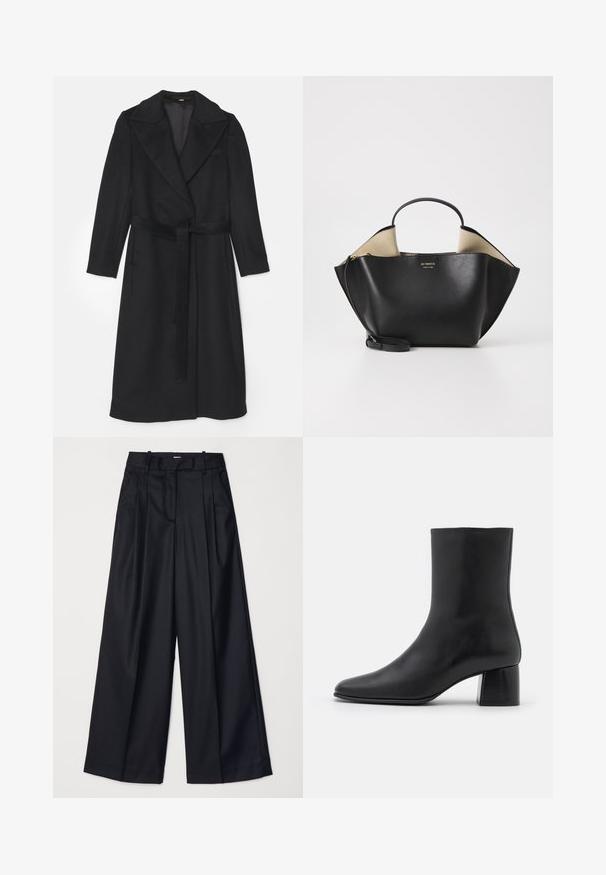 Svart ullrock med dubbelknäppt design, breda slag, långärmar och ett matchande bälte i midjan. Slät struktur, minimal detaljering.; Svart långärmad topp i mjukt tyg, med rund halsringning och avslappnad passform samt sidoventiler vid nederkant för ökad rörlighet.; Svarta vida byxor i slät tyg, med hög midja, veck och skräddarsydd design. Enkel svart detalj vid midjan.; Svart läderankelstövel med spetsig tå och chunkig fyrkantig klack. Slät textur med sömlös design och minimalistisk sömnad.; Ree Projects ANN TOTE MINI - Handväska - black
