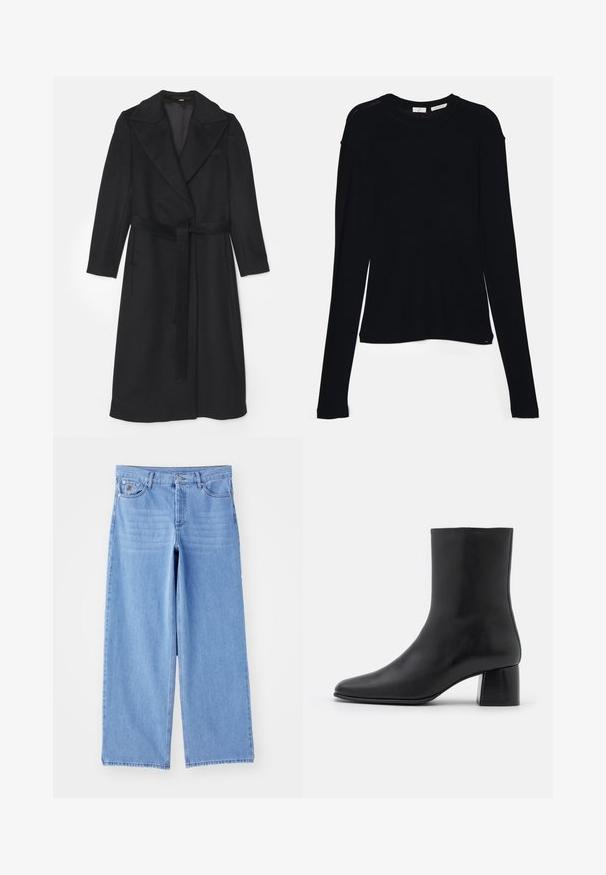Cappotto di lana nera con design doppiopetto, ampi risvolti, maniche lunghe e una cintura abbinata in vita. Texture liscia, dettagli minimi.; Maglietta nera a maniche lunghe realizzata in tessuto morbido, con scollo rotondo e vestibilità ampia, dotata di spacchi laterali all'orlo per facilitare i movimenti.; Jeans a gamba larga di colore blu chiaro in denim, con un classico design a cinque tasche e chiusura con bottoni. Texture liscia, orlo sfilacciato.; Stivali ankle in pelle nera con punta affusolata e tacco quadrato grosso. Texture liscia con un design senza cuciture e cuciture minimaliste.