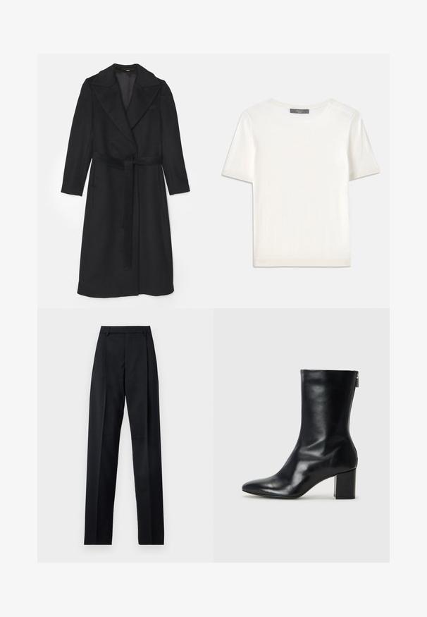 Mustmust kasukas, millel on kahekordne nööpide rida, laiad kraed, pikad varrukad ja sobiv vöö talje juures. Sile tekstuur, minimaalne kaunistus.; Valge lühikeste varrukatega soonikutega viimistletud ringkaelusega kampsun, millel on sile tekstuur.; Mustad püksid siledast kangast, millel on kõrge vöökoht, laiad jalad, esimesed kortsud ja klassikalised vööloopid. Küljepockets pole nähtavad.; Must musta ankle boot teravaid varvastega ja 4 cm plokknõela. Suurepärase disainiga, millel on külgrihm lihtsaks läbi panemiseks. Sile tekstuur.