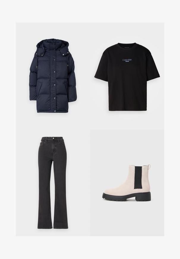 Navy puffer jacket with a hood, featuring stitched panels, snap buttons, and two side pockets. Made of thick, smooth, insulated fabric.; Black cotton t-shirt with a round neck, short sleeves, and blue embroidered "Calvin Klein JEANS" logo on the front.; Black high-waisted flared jeans made of denim, featuring a button closure, belt loops, and side pockets. Smooth texture with minimal fading.; Beige suede Chelsea boot with black elastic side panel, chunky black sole, and pull tab at ankle.