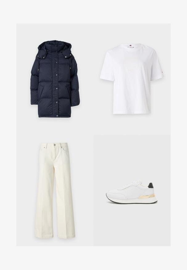 Mornarska puffer jakna s kapuljačom, s ušivenim panelima, dugmadi na preklop i dva bočna džepa. Izrađena od debelog, glatkog, izolacijskog materijala.; Bijela pamučna majica s okruglim izrezom, kratkim rukavima i suptilnim žutim logotipom koji glasi "HILFIGER NEW YORK 1985." Standardni kroj.; Široke bijele traperice izrađene od mješavine pamuka. Imaju zatvarač, dizajn s pet džepova i šavove uz rubove.; Bijele tenisice s glatkom obradom, koje imaju crni akcent na peti i zlatni metalni detalj na srednjem dijelu. Dizajn sa vezicama, gumeni potplat.