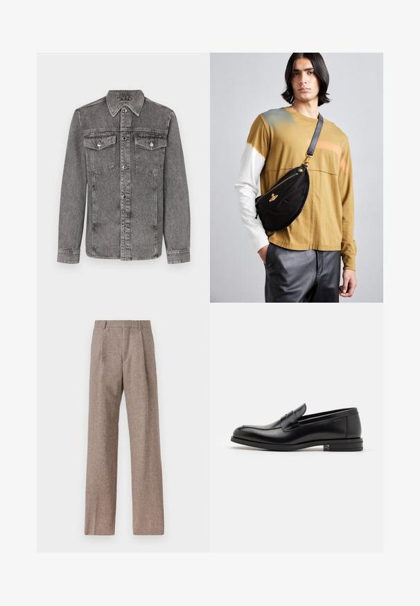 Gray denim jacket with a collar, button-up front, two chest pockets, and long sleeves. Features silver hardware and a textured finish.; White long-sleeve button-up shirt made of cotton, featuring a chest pocket with tonal embroidery, a collar, and button cuffs.; Brown, high-waisted trousers made of textured fabric. Features wide legs and two front pleats for structure. Neat finish with no visible hardware.; Black leather loafers with a smooth texture, rounded toe, and a decorative strap across the vamp. Low stacked heel, minimalist design.; Vivienne Westwood CITY BUMBAG UNISEX - Bum bag - black