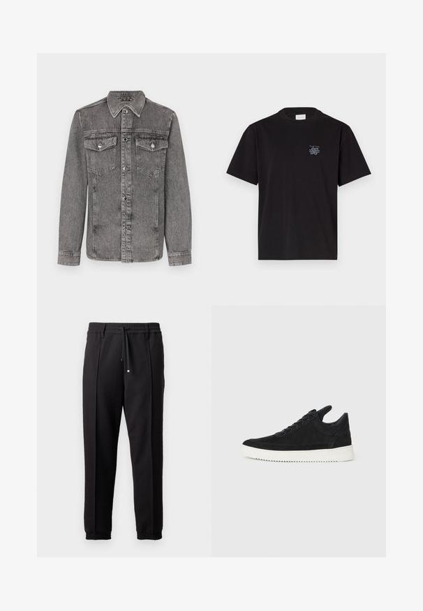Grijze denimjack met kraag, knoopsluiting aan de voorkant, twee borstzakken en lange mouwen. Voorzien van zilverkleurige hardware en een gestructureerde afwerking.; Zwarte katoenen T-shirt met een ronde hals en korte mouwen. Heeft een klein blauw logo op de linkerkant van de borst. Eenvoudig, recht gesneden ontwerp.; Zwarte broeken met een tailleband, koord en elastische boorden. Heeft plooien en een gladde, gestructureerde stof.; Zwarte suède sneakers met een witte rubberen zool, voorzien van tonale stiksels en een vetersluiting. Glad oppervlak met een moderne, gestroomlijnde vorm.