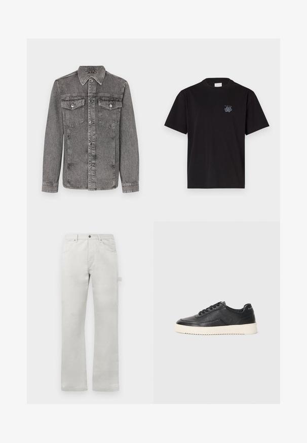 Gray denim jacket with a collar, button-up front, two chest pockets, and long sleeves. Features silver hardware and a textured finish.; Black cotton t-shirt with a crew neck and short sleeves. Features a small blue logo on the left chest. Simple, straight-cut design.; Light gray trousers with a straight fit, made of smooth cotton fabric, featuring front pockets and a side cargo pocket.; Black leather sneaker with textured finish, round toe, and flat white rubber sole. Features black laces and branding on the heel.