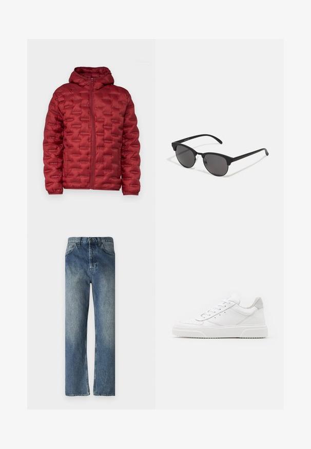 Hollister Co. GORP - Light jacket - merlot; White cotton t-shirt with short sleeves, crew neckline, and a relaxed fit. Smooth texture with no visible patterns or accents.; Blue denim jeans with a straight-leg cut, featuring a faded wash, belt loops, front pockets, and a single back pocket.; White leather sneakers with a smooth finish, rounded toe, flat laces, and a textured sole. Grey suede accent at the heel.; Black sunglasses with round lenses, matte finish, and distinctive cat-eye shape. Slim arms with subtle branding on the left temple.