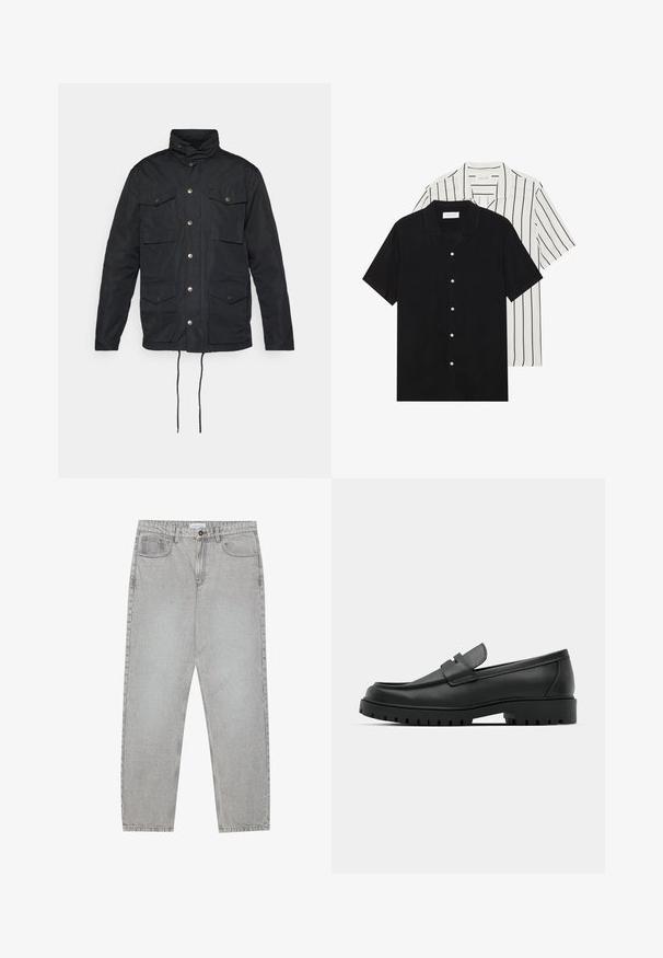 Giacca nera con colletto alto, chiusura a bottoni, quattro tasche frontali e cordini regolabili in vita. Tessuto liscio e resistente.; Due camicie a manica corta: una nera uniforme, l'altra bianca con strisce verticali nere. Entrambe presentano chiusure a bottoni e un colletto classico.; Pantaloni in denim grigio chiaro con design a gamba dritta, stile a cinque tasche e chiusura con bottone. Cuciture visibili lungo le cuciture.; Mocassini in pelle nera con punta rotonda, caratterizzati da un design cucito, suola piatta bassa e un battistrada in gomma testurizzata e scolpita.