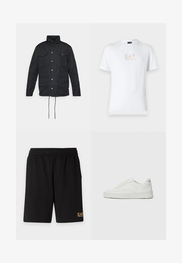 Giacca nera con colletto alto, chiusura a bottoni, quattro tasche frontali e cordini regolabili in vita. Tessuto liscio e resistente.; T-shirt bianco in cotone con scollatura rotonda e maniche corte, con il logo oro EA7 Emporio Armani stampato sul fronte.; Pantaloni sportivi neri realizzati in tessuto morbido, con vita elastica e un piccolo logo EA7 giallo sulla parte bassa della gamba sinistra.; Sneaker in pelle bianca con una finitura liscia, punta rotonda, lacci piatti e suola testurizzata. Presenta un logo discreto sul tallone.