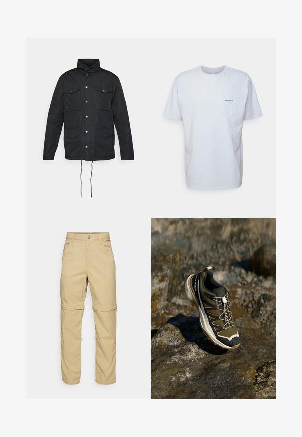 Černá bunda s vysokým límcem, zapínáním na knoflíky, čtyřmi předními kapsami a nastavitelnými stahovacími šňůrkami v pase. Hladká, odolná tkanina.; Bílá bavlněná tričko s krátkými rukávy, kulatým výstřihem a kapsou na levé straně hrudi, která má modré logo "Patagonia". Klasický střih s hladkou strukturou.; Béžové kalhoty se zipem, hladkého povrchu, s dvěma bočními kapsami, knoflíkovým zapínáním a ohrnovacími manžetami pro všestranné použití.; Trekové boty v olivově zelené a černé barvě s růžovými detaily. Mají texturovaný svršek, flexibilní podrážku, vyztuženou špičku a barevný systém šněrování.