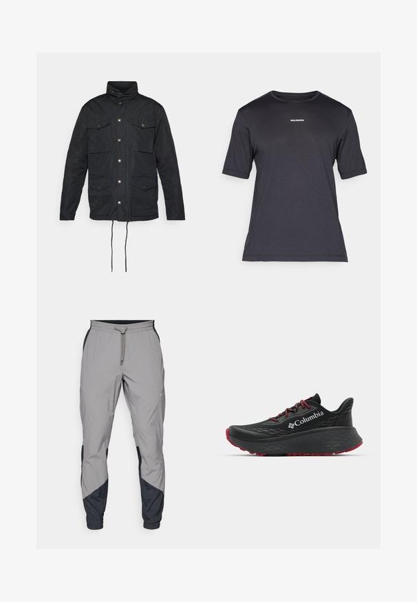 Svart jakke med høy krage, knappelukking, fire frontlommer og justerbare snorstrammere i livet. Glatt, slitesterkt stoff.; Svart kortermet prestasjons-T-skjorte laget av pustende materiale, med rund hals og liten hvit "SALOMON" logo på brystet.; Lettvektige, grå treningsbukser med svarte detaljer. Elastisk midjebånd, snøring, tapered benedesign og sidelommer.; Svart treningssko med teksturert overdel, røde snører og logo. Tykksåle med mønstrede dekk for bedre veigrep. Minimalistisk design, sidevinkel.