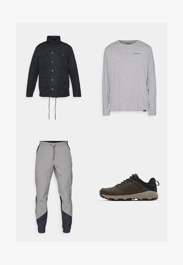 Svart jacka med hög krage, knappstängning, fyra framfickor och justerbara dragsnören i midjan. Slät, hållbar tyg.; Ljusgrå t-shirt med långa ärmar gjord av mjukt, texturerat tyg. Har en rund hals och en liten blå Patagonia-logotyp på bröstet.; Lätta, grå träningsbyxor med svarta detaljer. Elastisk midja, dragsko stängning, tapered design och sidofickor.; Bruna vattentåliga sneakers med en strukturerad ovandel, perforerade detaljer, svart hälstöd och en grå gummisula. Snörningen har metalliska ändar.