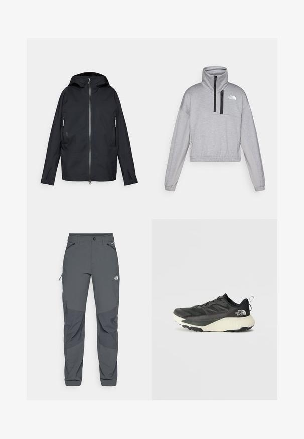 Black waterproof jacket with a full zip, adjustable hood, zippered side pockets, and a minimalist design. Smooth texture and lightweight material.; The North Face INTEREST 1/4 ZIP - Sweatshirt - pale grey heather/meld grey; Dark gray outdoor pants with reinforced knee patches, zippered side and front pockets, button closure, and The North Face logo on thigh.; Black athletic shoe with a textured upper, featuring gray accents and a white midsole. Includes a pull tab and prominent brand logo on the heel.