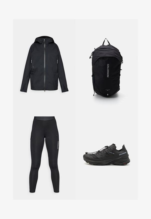 Fekete vízálló dzseki teljes cipzárral, állítható kapucnival, cipzelhető oldalsó zsebekkel és minimalista dizájnnal. Simán az anyag és könnyű súly jellemzi.; Hosszú ujjú fehér sportfelső, mokk nyakkal és kis középre helyezett logóval a mellkasán, egyszerű háttér előtt.; Fekete sport leggings, testhez simuló kialakítással, rugalmas anyagból. Oldalsó zsebekkel és fehér "TERREX" logóval rendelkezik.; Fekete terepfutó cipők, textúrált felsőrésszel, hálós panelekből és biztonságos rögzítési rendszerből. Robosztus talppal a tapadás érdekében.; Fekete hátizsák letisztult dizájnnal, texturált anyagból, állítható pántokkal és a fronton feltűnő ezüst "SALOMON" logóval.