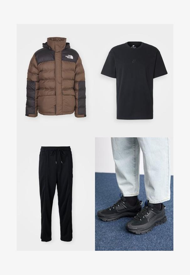 Brown and black puffy jacket with a high collar, features two front pockets, textured fabric, and a logo on the chest.; Nike black cotton t-shirt with a classic crew neck, short sleeves, and a subtle, embossed logo on the chest. Smooth texture.; Black drawstring waist casual pants with side seam pockets and straight leg cut on a plain background.; Black athletic shoes with textured fabric and rubber soles, featuring elastic laces and a blue accent on the heel. Worn with light denim pants.