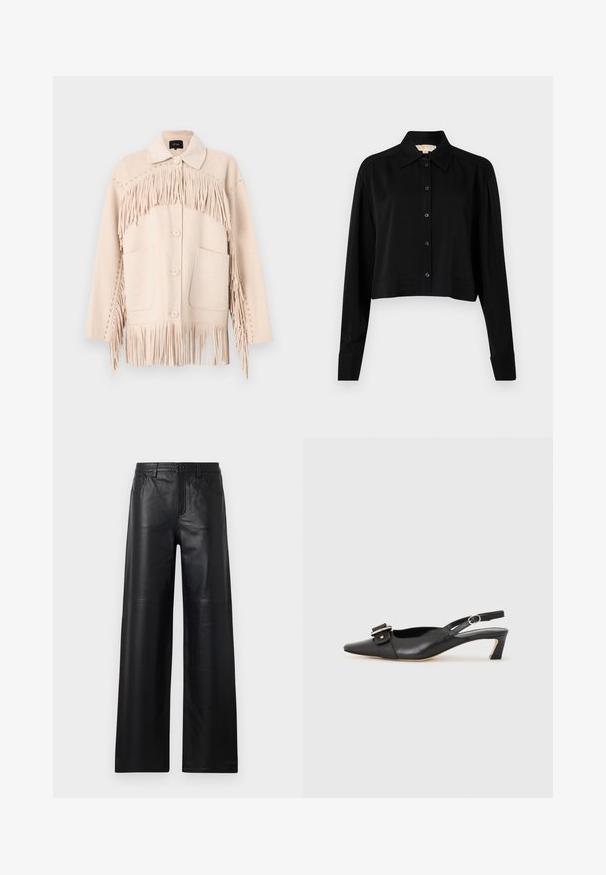 Beige Wolljacke mit einem Fransen-Design entlang der Brust und dem Saum, oversized Taschen und dekorativen Nieten auf den Schultern.; Schwarzes, kurzes Hemd mit langen Ärmeln, einem spitzen Kragen und Knopfverschluss. Hergestellt aus glattem Stoff mit lockerer Passform und geknöpften Ärmeln.; Weite schwarze Lederhosen mit glatter Textur, ausgestattet mit Fronttaschen, einem Knopfverschluss und dezenten Steppnähten.; Schwarzer Leder Slingback-Schuh mit spitzer Zehenform, kleinem Absatz und dekorativem Schnallen-Detail auf dem Obermaterial. Glatte Textur, minimalistisches Design.