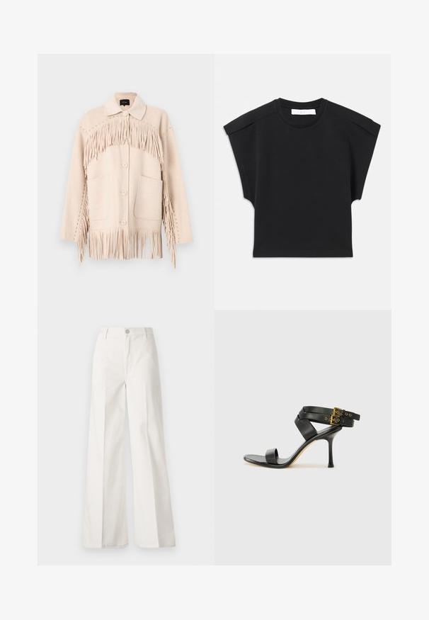 Beige wool jacket featuring a fringe design along the chest and bottom, with oversized pockets and decorative studs on the shoulders.; Black short-sleeve top with a round neckline and shoulder detailing, laid flat on a white background.; White wide-leg trousers made from cotton with a smooth texture. Features a front button, zipper fly, and four-pocket design.; Black heeled sandal with crossed straps and adjustable buckle. Features a smooth texture and tapered stiletto heel.