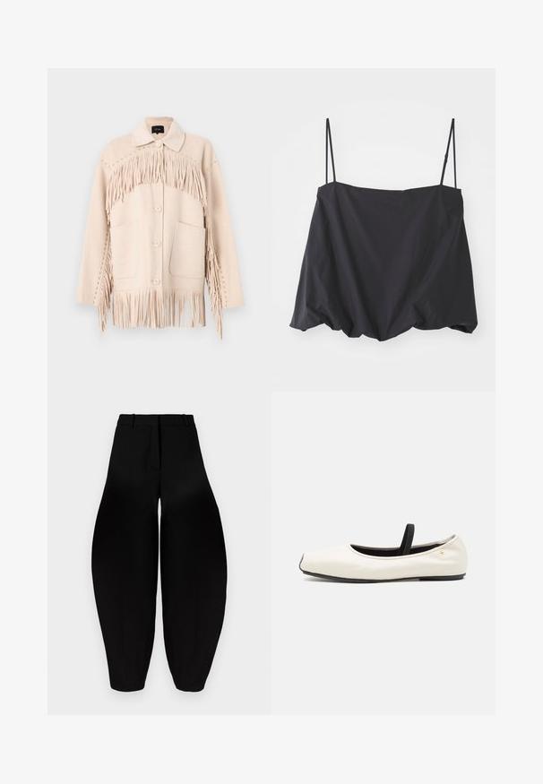 Μπεζ μάλλινο σακάκι με φράντζα κατά μήκος του στήθους και της κάτω πλευράς, υπερμεγέθεις τσέπες και διακοσμητικές ακίδες στους ώμους.; Μαύρη αμάνικη μπλούζα με λεπτές τιράντες, χαλαρή εφαρμογή και συρραμμένο στρίφωμα. Φτιαγμένη από ελαφρύ ύφασμα με λεία υφή.; Μαύρο παντελόνι σε φαρδιά γραμμή με ψηλή μέση, πτυχές στο μπροστινό μέρος και στενές γάμπες. Κατασκευασμένο από ομαλό ύφασμα με ματ φινίρισμα.; Flat μπαλαρίνα από λευκό δέρμα με στρογγυλή μύτη, μαύρη ελαστική ταινία και μικρό χρυσό έμβλημα κοντά στη φτέρνα. Απαλή υφή και μινιμαλιστικός σχεδιασμός.