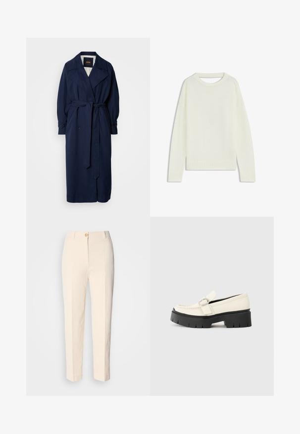 Trench coat blu navy con vita con cintura, grande colletto e polsini abbottonati. Realizzato in un tessuto liscio, presenta una fodera trapuntata.; Maglione color crema chiaro con collo tondo, maniche lunghe, orlo a costine e una consistenza morbida. Nessun motivo o dettagli hardware visibili.; Pantaloni color crema a vita alta realizzati in un tessuto testurizzato. Presentano una chiusura frontale con bottone e gambe affusolate.; Mocassino in pelle bianca con suola platform nera chunky, caratterizzato da una fibbia rettangolare argentata e dettagli di cucitura visibili sulla parte superiore.