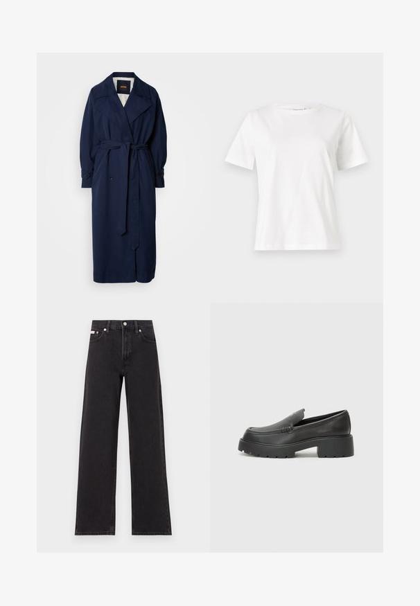 Marinblå trenchcoat med bälte i midjan, stor krage och knappade ärmar. Tillverkad av ett mjukt tyg, har en vadderad foder.; Vit bomullströja med korta ärmar, rund halsringning och en avslappnad passform. Slät textur, inga mönster eller detaljer, minimalistisk design.; Svarta vida jeans i denim med hög midja, fem fickor och metallknappstängning med kontrasterande sömmar.; Svarta läderloafers med rund tå, tjockt strukturerat såle och minimala sömnadsdetaljer. Snygg design utan synliga snören eller beslag.