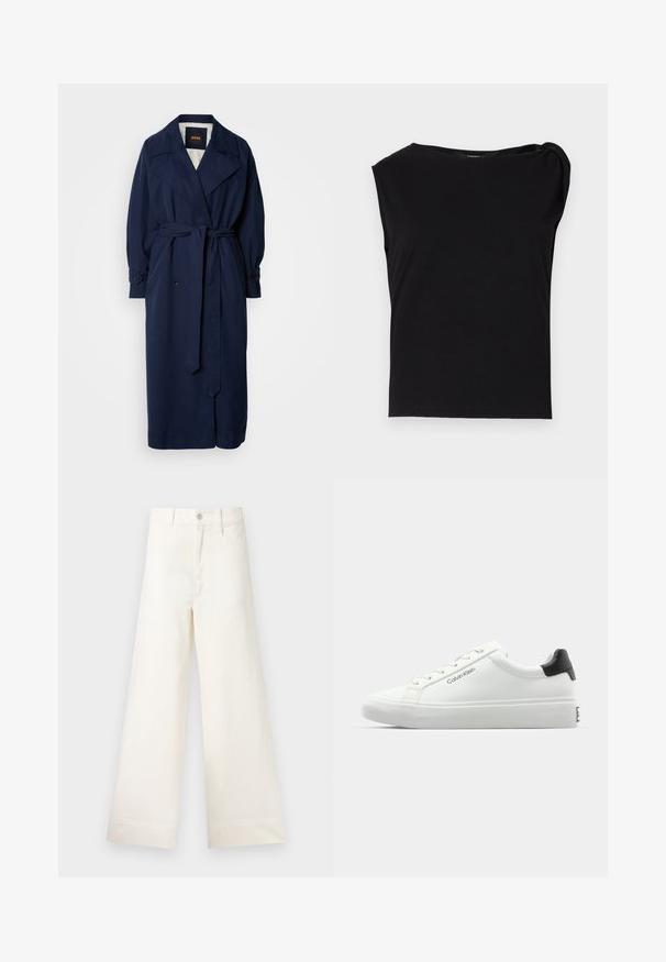 Trench coat azul-marinho com cintura cingida por cinto, grande gola e punhos abotoados. Feito de um tecido liso, possui forro acolchoado.; Top preto de manga curta feito de tecido suave. Apresenta um decote redondo e detalhe drapeado no ombro. Design simples e ajustado.; Calças largas em algodão bege claro. Apresentam uma cintura alta, bolsos frontais e um corte reto. Acabamento de bainha limpo, sem padrões.; Sapatilha branca com acabamento liso, detalhe preto no calcanhar e design com atacadores. Apresenta a marca "Calvin Klein" na lateral. Estilo minimalista.