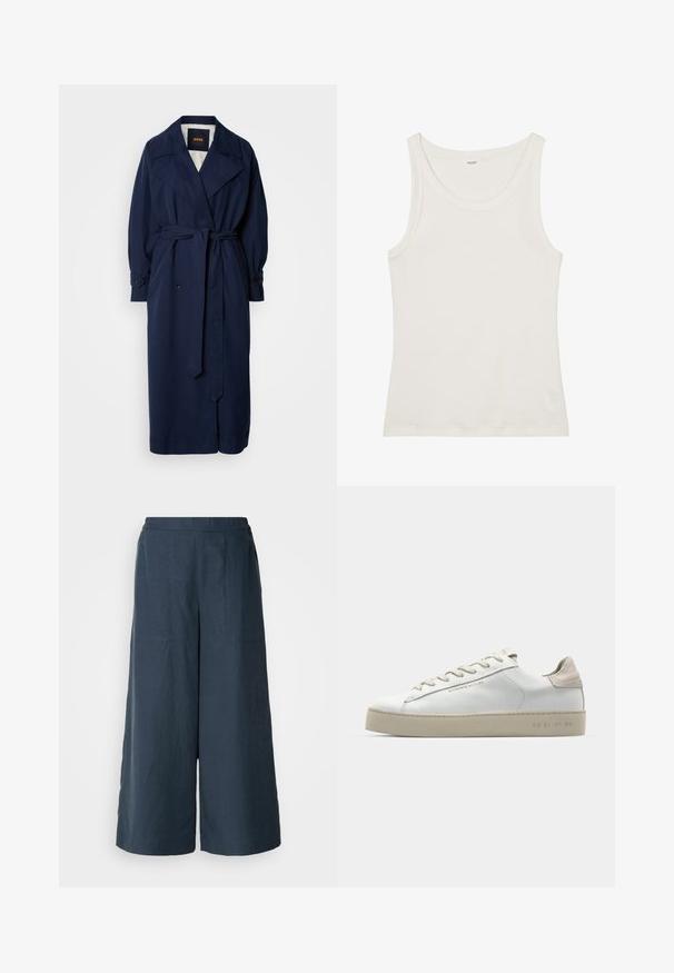 Tums zila trenčkotam ar jostu viduklī, lielu apkakli un pogām aizveramām piedurknēm. Izgatavots no gludas auduma, aprīkots ar polsterētu oderi.; Balta kokvilnas topiņa ar platu kakla izgriezumu un plānām plecu lencēm. Gluda tekstūra bez redzamām apdrukām vai rotājumiem.; Platās bikses tumši zilā krāsā, izgatavotas no viegla auduma. Iespējo nedaudz teksturēta virsma, elastīga jostasvieta un priekšējās šuves.; Baltas ādas sporta apavi ar gludu virsmu, bēšas zamša akcenti, apaļa pirksta forma, plakans šņorēšanas dizains un tekstūrota gumijas zole.