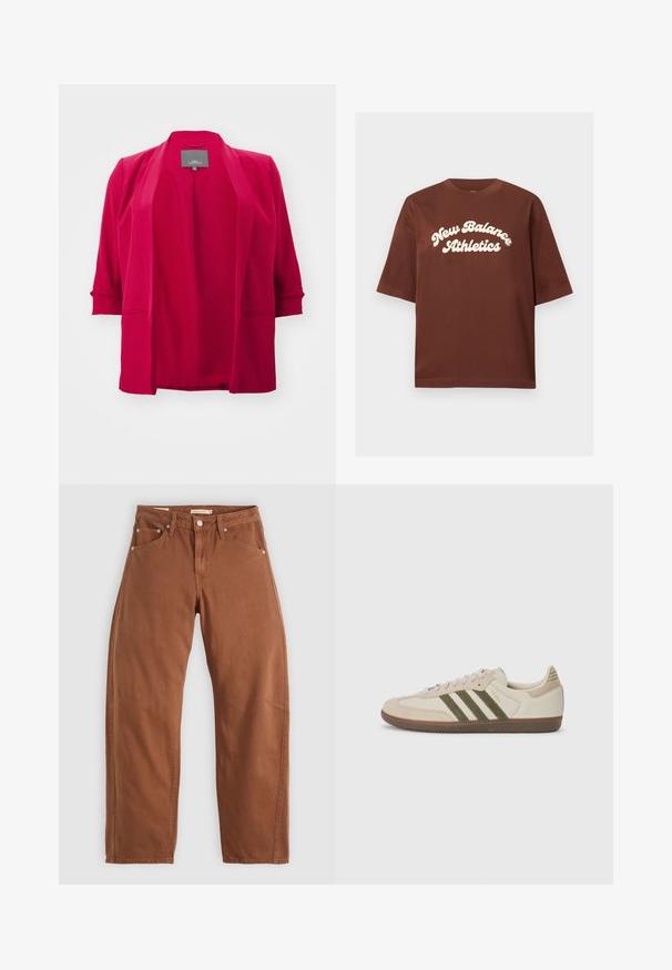 ONLY Carmakoma CARELLY 3/4 LIFE - Κοντό παλτό - sangria; Καφέ βαμβακερό t-shirt με άνετη εφαρμογή, που διαθέτει λευκό κείμενο που γράφει "New Balance Athletics" σε καμπυλωτή, έντονη γραμματοσειρά.; Καφέ ίσια τζιν παντελόνια με μπροστινές και πίσω τσέπες, μεταλλικούς κρύνους, κούμπωμα με κουμπί και θηλιές ζώνης, τοποθετημένα επίπεδα σε λευκό φόντο.; adidas Originals SAMBA OG UNISEX - Αθλητικά παπούτσια - alumina/medium dark khaki/gum
