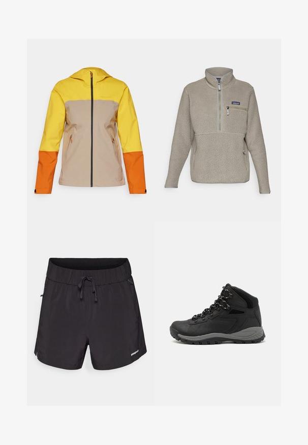 Peak Performance TRAIL JACKET - Hardshell jakna - pure gold/avid beige/gold flame; Svetlo taupe flis jakna z visokim ovratnikom, polovičnim zadrgo spredaj in žepom na prsih z zadrgo. Ima teksturirano tkanino in kontrastne sive obrobe.; Črne kopalne hlače iz lahkega materiala, z elastičnim pasom, vrvico in stranskimi žepi za funkcionalnost.; Črne pohodniške čevlje z srednje visokim dizajnom, ki imajo teksturirano zgornji del, sivi dodatki in vzdržljiv gumen podplat s protizdrsnimi izboklinami.