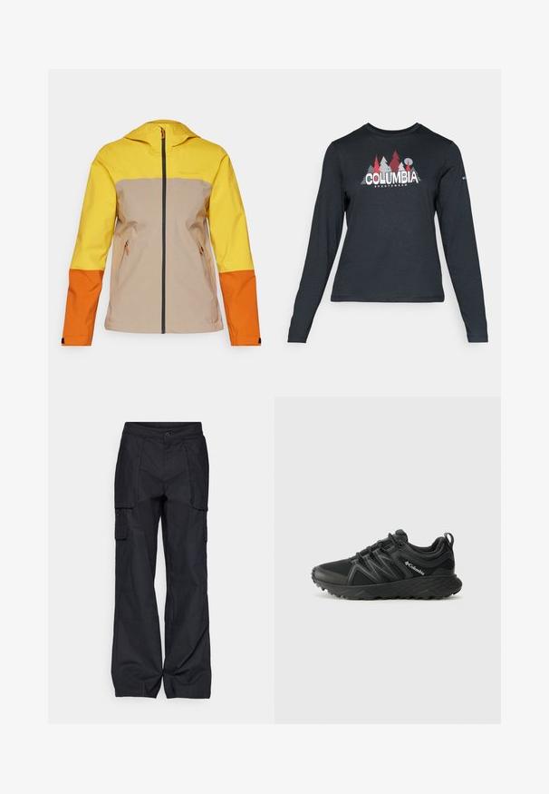 Peak Performance TRAIL JACKET - Giacca hard shell - pure gold/avid beige/gold flame; Maglietta a maniche lunghe grigia scura con una grafica di alberi rossi e montagne; logo "COLUMBIA" in caratteri bianchi in grassetto. Tessuto morbido, scollatura a girocollo standard.; Columbia BREA FALLS™ COTTON RIPSTOP PANT - Pantaloni outdoor - black; Columbia PEAKFREAK - Scarpa da hiking - black