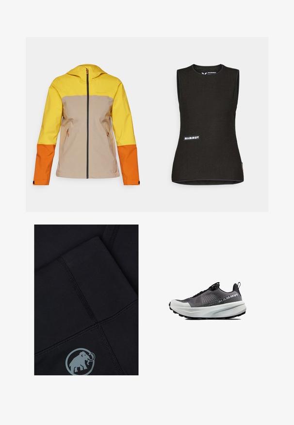 Peak Performance TRAIL HIPE złoty; Czarny bezrękawnik z teksturowanym wzorem, z okrągłym dekoltem i logo "MAMMUT" z przodu. Wykonany z materiału oddychającego.; Czarne legginsy sportowe z teksturowanym szwem i szarym logo słonia. Gładki materiał i dopasowany krój. Brak widocznych wzorów.; Czarne buty sportowe z siateczkową cholewką, białą, amortyzującą podeszwą oraz solidną czarną podeszwą zewnętrzną. Posiadają uchwyt do zakupu i minimalistyczny system sznurowania.