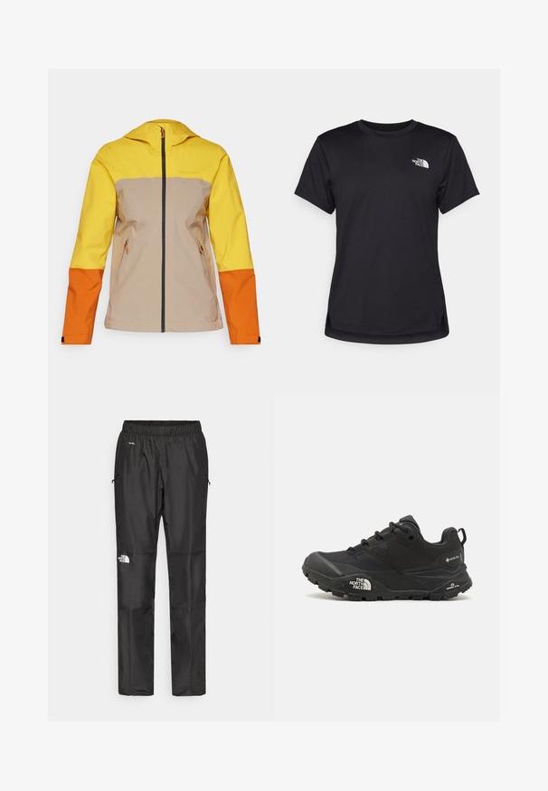 Peak Performance TRAIL JACKET - Hardshell-jas - pure gold/avid beige/gold flame; The North Face FLEX SHORT SLEEVES TEE - Sport T-shirt - black; Zwarte waterdichte broek van lichtgewicht stof, uitgerust met een elastische tailleband, zijzakken en een logo op het linkerpijp.; Zwarte wandelschoen met een gestructureerde bovenkant, vetersluiting en een stevige rubberen zool met een opvallend logo aan de zijkant en profielpatronen.