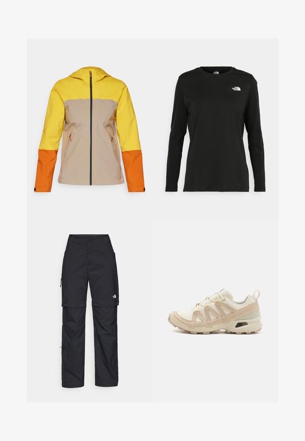 Peak Performance TRAIL JACKET - Hardshell striukė - pure gold/avid beige/gold flame; Juodas ilgomis rankovėmis medvilninis marškinėliai su apvali apykakle. Savybė - mažas baltas logotipas kairėje krūtinės pusėje. Paprastas dizainas ir pritaikymas.; Juodos nailoninės krovinių kelnės su reguliuojamais rankovėmis, daugybe kišenių ir logo ant dešinės kojos. Lygi, lengva tekstūra.; Bežinės ir kreminės spalvos sportinės bateliai su tekstūruoto tinklelio viršutine dalimi, palaikančiomis detalėmis ir guminiais padais, turinčiais raštą, užtikrinantį sukibimą.