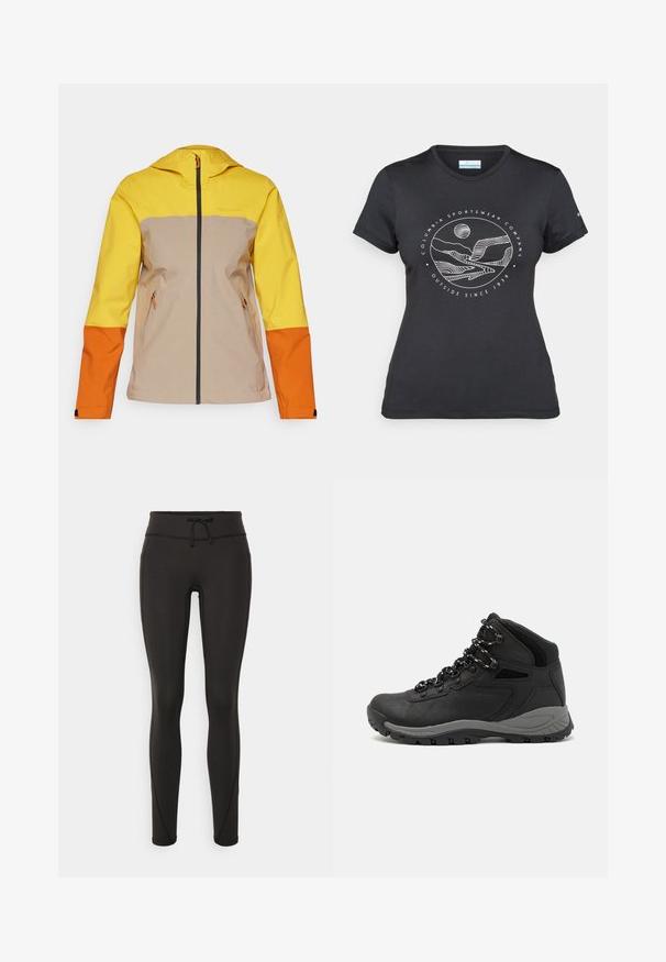 Peak Performance TRAIL JACKET - Chaqueta Hard shell - pure gold/avid beige/gold flame; Camiseta negra de Columbia con un arte lineal circular de montaña y río en blanco y el texto "Columbia Sportswear Company Fuera desde 1938."; Leggings negros con cintura alta, cordón, textura suave y diseño ajustado. Presenta detalles de costura a lo largo de los laterales.; Bota de senderismo negra con un diseño de medio caña, que cuenta con una parte superior texturizada, acentos grises y una suela de goma duradera con tacos de tracción.