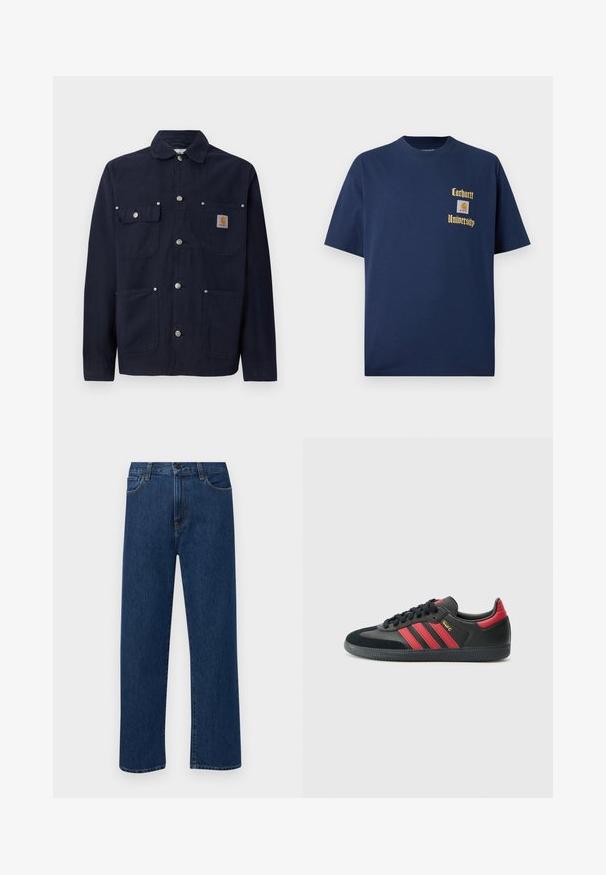 Navy cotton jacket with a collar, front button closure, two chest pockets with flaps, and two side pockets; silver metal buttons.; Navy blue cotton t-shirt with short sleeves, featuring gold text "Carhartt University" and a logo patch on the left chest.; Dark blue straight-leg denim jeans with front pockets and a button closure, displayed on a plain white background.; Black sneakers with red stripes, suede and leather materials, rounded toe, flat laces, textured rubber sole, and gold accent detailing.