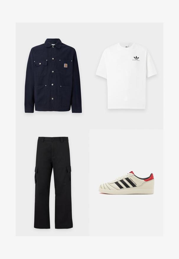 Giacca in cotone blu navy con colletto, chiusura frontale con bottoni, due tasche sul petto con patta e due tasche laterali; bottoni in metallo silver.; T-shirt bianco in cotone con maniche corte, caratterizzato da un logo nero "BASKETBALL" e dal noto design a tre strisce sul davanti.; Pantaloni cargo neri con design a gamba dritta. Realizzati in tessuto resistente, dotati di due tasche laterali con chiusura a pattina e chiusura con bottone.; Sneakers in pelle crema con strisce nere, dettagli rossi sul tallone e texture particolari. Presentano una suola in gomma e chiusura con lacci.