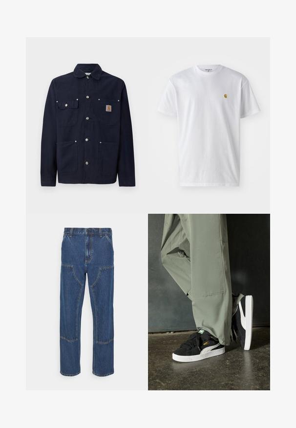 Marinblå bomulljacka med krage, framknäppning med knappar, två bröstfickor med lock och två sidofickor; silvriga metalldetaljer.; Vit bomullströja med korta ärmar, rund halsringning, med en liten guldlogotyp på vänster bröstområde. Mjuk textur och vanlig passform.; Blå denimjeans med rak benform, framfickor och kontrasterande stygn. Tyget har en klassisk textur och finish.; Svarta mockaskor med vita gummisulor och sidoväggar, kombinerade med ljusgröna cargobyxor, stående på en texturerad mörk yta.