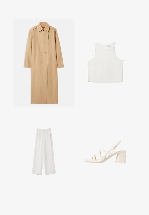 Beige trenssitakki kaksirivisellä etuosalla, nappikoristeilla ja kauluksella. Ominaisuuksiin kuuluvat pitkät hihat ja suora siluetti. Sujuva rakenne.; Valkoinen hihaton paita, jossa on pyöreä pääntie, hienovarainen tekstuuri, avaustakki ja suora helma.; Valkoiset leveälahkeiset housut kevyestä kankaasta. Ominaisuuksiin kuuluu elastinen vyötärö, jossa on nauhakuuluma ja sivutaskut. Sileä rakenne.; Beige sandaalit korkokengät, joissa on kapeat, ristiin menevät hihnat, avoin varvas ja neliömäinen tukikorko. Liukas lakattu pinta, säädettävä nilkkahihna.