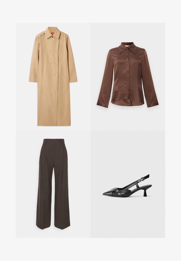 Beige Trenchcoat mit doppelter Knopfleiste, Knopfdetails und Kragen. Mit langen Ärmeln und geradem Schnitt. Glatte Textur.; Braune Satinbluse mit klassischem Kragen, langen Ärmeln und Knopfverschluss vorne. Auffällig durch die glatte Textur und die taillierte Passform.; Dunkelbraune weite Hose mit hoher Taille, die über sorgfältig gebügelte Falten, eine glatte Textur und eine taillierte Passform verfügt.; Schwarzer Leder-Slingback-Schuh mit spitz zulaufender Zehenpartie, dekorativen Riemen mit METALLÖSEN und niedrigem Blockabsatz. Strukturelle Oberfläche.