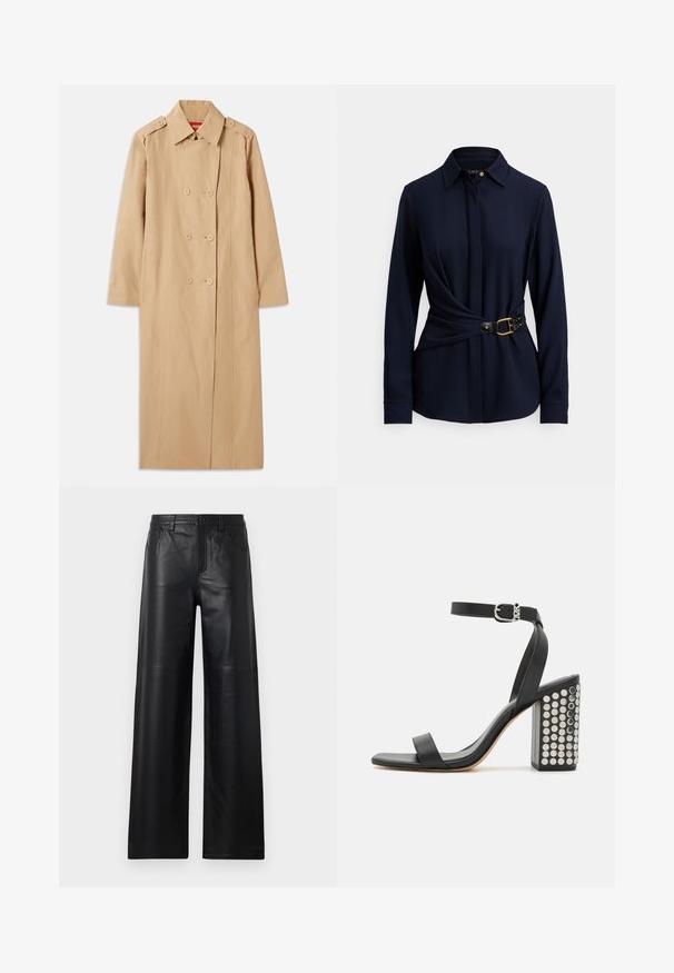 Beige trench coat with double-breasted front, button accents, and a collar. Features long sleeves and a straight silhouette. Smooth texture.; Navy long-sleeve shirt with a collared neck, twisted front design, and a black belt featuring a gold buckle and stud accents. Soft fabric texture.; Wide-leg black leather pants with a smooth texture, featuring front pockets, a button closure, and subtle stitching details.; Black leather heeled sandals with an ankle strap. Features a square toe, smooth texture, and square block heel adorned with silver studs.