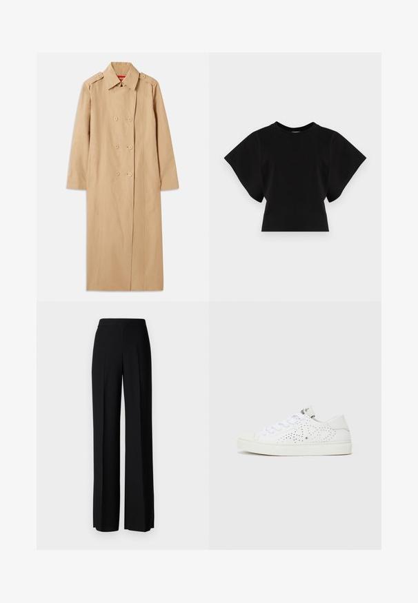Beige trenchcoat med dobbeltsidet front, knapdetaljer og krave. Har lange ærmer og en lige silhuet. Glat tekstur.; Sort cropped t-shirt lavet af bomuld, med korte, brede ærmer og en rund halsudskæring, der har en glat tekstur og minimalistisk design.; Sorte vide benbukser med en glat tekstur, der har en høj talje og centerfolder. Ingen synlige mønstre eller hardware detaljer.; Hvide lavtop sneakers med perforeret design, flade snørebånd og en tekstureret gummisål. Har en minimalistisk stil og blød overflade.