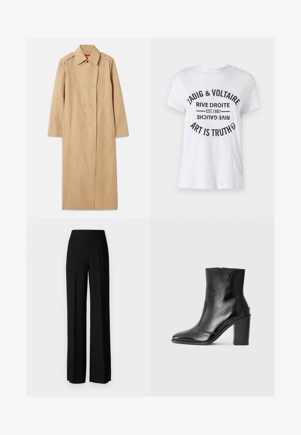 Beige trench coat with double-breasted front, button accents, and a collar. Features long sleeves and a straight silhouette. Smooth texture.; White cotton t-shirt featuring bold black text with brand name, location, established date, and slogan in a circular layout. Round neckline.; Black wide-leg trousers with a smooth texture, featuring a high waistband and center pleats. No visible patterns or hardware details.; Black leather ankle boot with a smooth texture, pointed toe, and a chunky high heel. Features a side opening and minimalistic design.